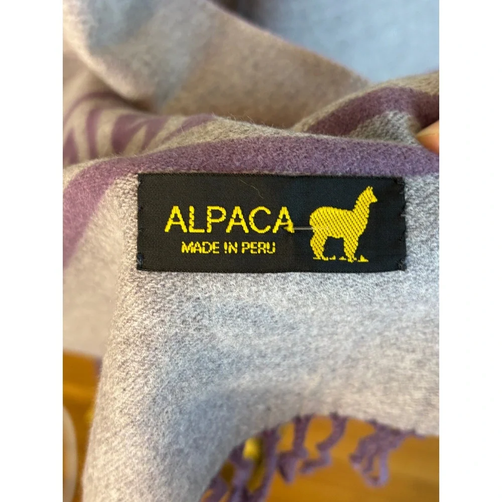 Alpaca Wool Scarf Purple Grey Greek Key Reversible Wrap OS Peru Fringe Shawl